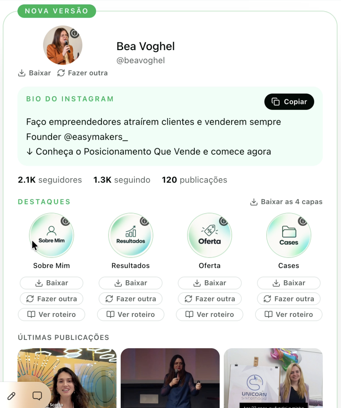Perfil na nova versão